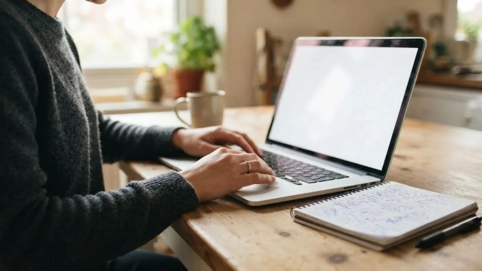 Person typing on a laptop at a wooden table beside a notebook
