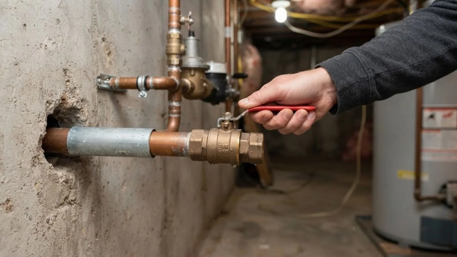 Hand turning a red lever on a main water shutoff valve in a basement