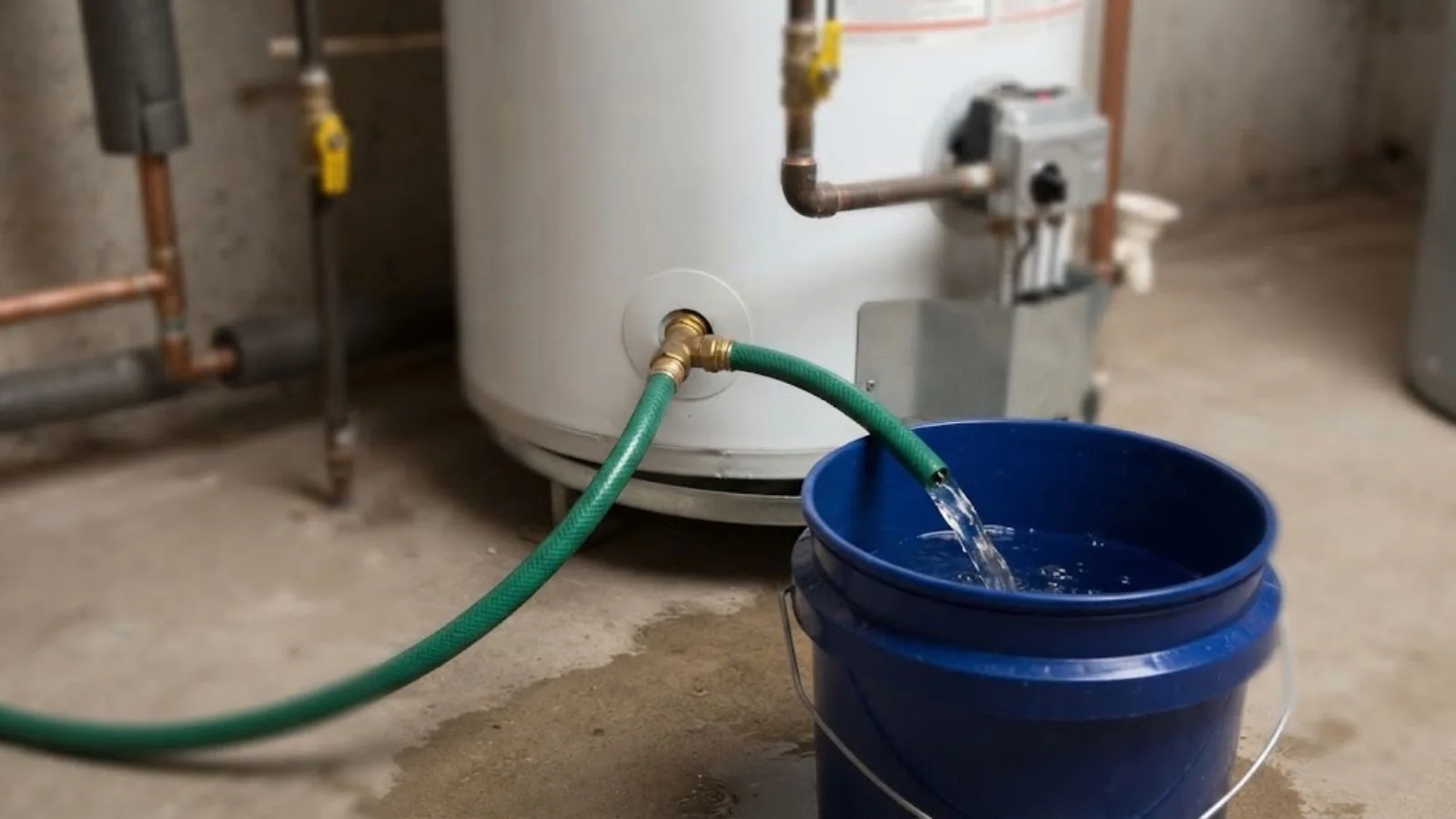 Garden hose running from a water heater drain valve into a blue bucket