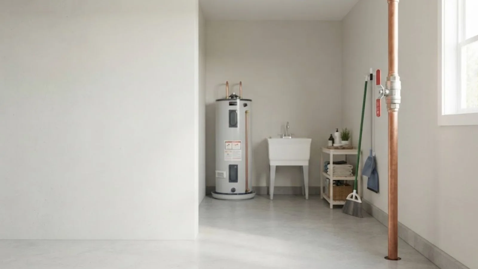 Utility room with a copper water line, a utility sink and an electric water heater
